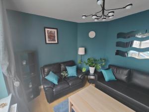 都柏林Recently Renovated Dublin City House的客厅配有黑色真皮沙发和蓝色的墙壁