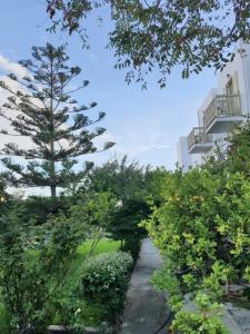 基奥尼亚维达丽思酒店的穿过花园的一条小径,花园内种有树木和灌木