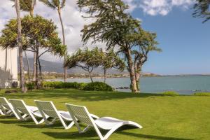 卡胡卢伊毛伊岛海滩酒店的坐在水边的草上一排白色椅子