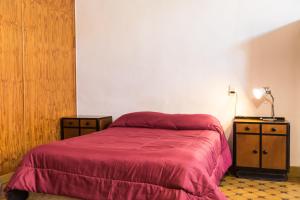门多萨Alojamiento Aloja N1的一间卧室配有一张带红色毯子和床头柜的床