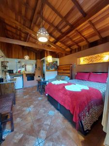 蒙特韦尔迪Pousada Anecuém的一间带红色大床的卧室和一间厨房