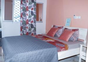 杜阿拉ENJOY n RELAX的一间卧室配有红色枕头的床