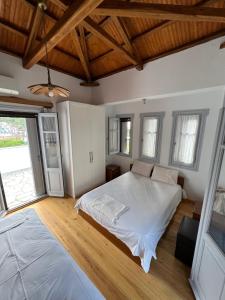 尼欧克利马Elios Summer House的一间卧室设有一张大床和一个大窗户