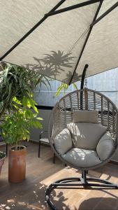 墨西哥城Condesa Cibel的天井上一把藤椅,放在雨伞下
