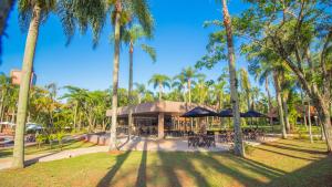 伊瓜苏港堪普勒约美洲酒店的棕榈树公园内带桌子和遮阳伞的餐厅