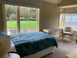 北帕默斯顿Pin Oaks Luxury Bed & Breakfast的一间卧室设有一张床和一个大窗户