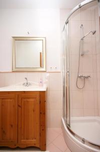 斯拉诺Apartments and rooms by the sea Slano, Dubrovnik - 2681的浴室配有水槽、淋浴和浴缸。