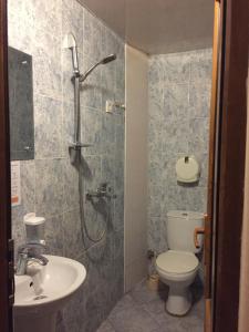 第比利斯皮亚诺酒店的带淋浴、卫生间和盥洗盆的浴室
