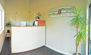 奥克兰梅朵茂汽车旅馆的一个带前台和棕榈树的办公室