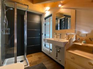 福波洛Chalet Ronchi - Foppolo Ski的一间带水槽和淋浴的浴室