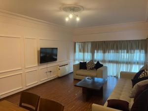 拉巴特Superbe appartement au centre de la capitale的带沙发和电视的客厅