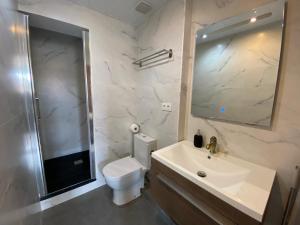 巴达洛纳Apartamentos Playa的一间带水槽、卫生间和镜子的浴室