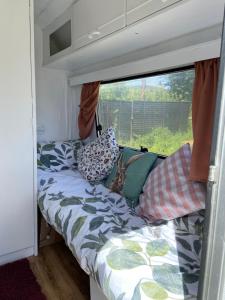 基尔肯尼Cosy Caravan at Carrigeen Glamping的窗户的小房子里的一张床位