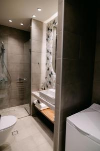 亚历山德鲁波利斯Magico Suites City Heart Luxury Appartments的带淋浴、盥洗盆和卫生间的浴室
