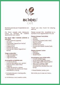 库斯科Eco Bunnu Inn的烧饭咖啡馆的菜单