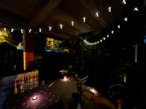 托尔图格罗Natural Experience House的黑暗的房间,配有长凳和灯
