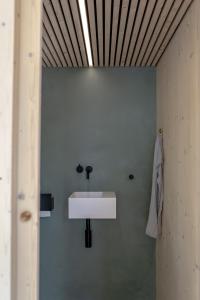 斯泰恩伯格tinyzeit Urlaub im tiny house an der Flensburger Förde的墙上设有白色水槽的浴室
