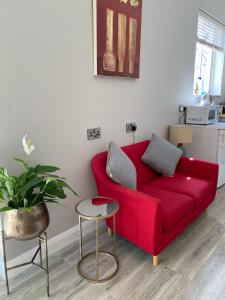 布瑞Hugo Mews Bright Studio Apartment的客厅里红色的长沙发,长着植物