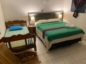 San Rafael CedrosNanda Parbat Hostal的一间卧室配有两张带绿床单和椅子的床