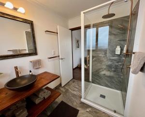 特威泽尔Te Manahuna Retreat的一间带水槽和淋浴的浴室