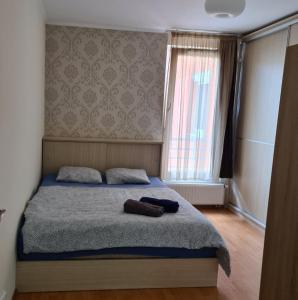 布达佩斯Aphrodité apartman的一间卧室配有一张带毯子的床和窗户