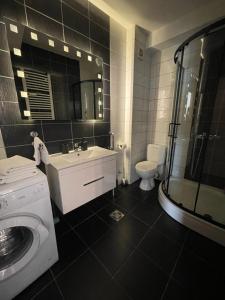 贝尔格莱德Apartment Cerska MRB的一间带洗衣机和洗衣机的浴室