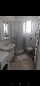 希贝尼克日落公寓的带淋浴、盥洗盆和卫生间的浴室