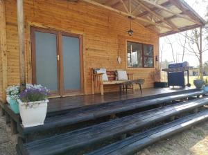 鲁德普特River Cabin的小木屋的门廊,配有长凳和烧烤架