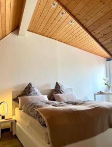 迈宁根Anton-Ulrich Apartment的一间卧室设有一张带木制天花板的大床