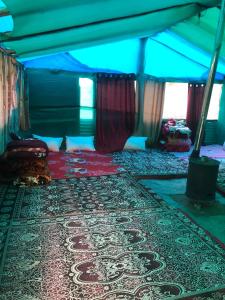KheergangaCity Escape Camps and Cafe Kheerganga的一间帐篷内带一张床和地毯的房间
