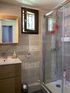 梅尔维尔弗朗瑟维尔普拉格Le chalet Normand的带淋浴和盥洗盆的浴室