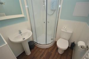 托伯莫里Puffin Apartment的带淋浴、卫生间和盥洗盆的浴室