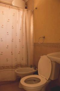 维拉乌奎扎大树宾馆的一间带卫生间和淋浴帘的浴室