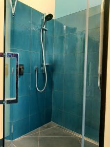 杰拉尔丁Kotare BandB的带淋浴的浴室和蓝色瓷砖墙