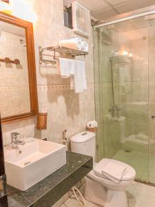 枚州县枚州日落精品酒店的浴室配有卫生间、盥洗盆和淋浴。