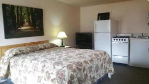 普林斯顿Evergreen Motel的一间卧室配有床和白色冰箱