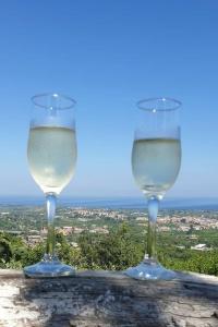皮耶迪蒙泰埃特内奥Casa EtnaparadisoTaormina- PiedimonteEtneo的桌子上坐着两杯白葡萄酒