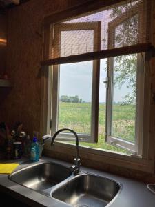 Vakantiehuisje De Waddenuil的厨房水槽设有窗户,享有田野美景