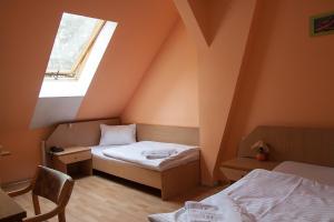 绿山城艾尔普兰酒店的小房间设有两张床和窗户