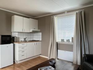腓特烈斯塔Sentralt i Fredrikstad gratis parkering的一间小厨房,配有白色的橱柜和窗户