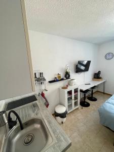 帕雷·勒·毛尼尔Les Logis de Paray Appartement 201的一个带水槽的厨房和一张书桌