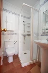 拉安蒂拉阿祖尔旅馆的带淋浴、卫生间和盥洗盆的浴室