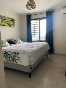 帕皮提Meherio - Bel Appartement vue mer à TAHITI的一间卧室配有一张带蓝色窗帘的床和一扇窗户
