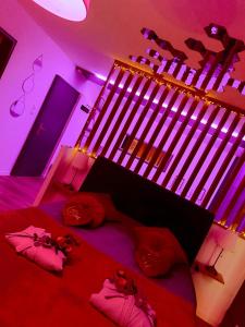 科尔马Superbe appartement Colmar avec vue et Jacuzzi的一间卧室配有一张红色和紫色照明床