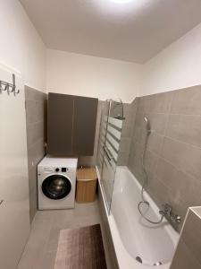 罗斯托克Ruhige Ferienwohnung的一间带洗衣机和洗衣机的浴室