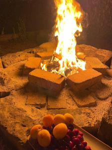 久姆里Unoyan Guest House的前面有一个火坑,上面有奶酪和水果