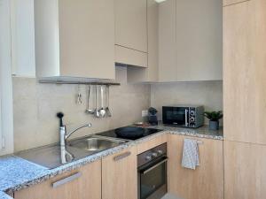 卢加诺Apartment PALMA - Central & Cozy with Free Private Parking的厨房配有水槽和微波炉