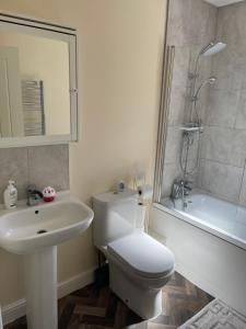 布莱克浦Cheerful 3 Bedroom Town House With Hot Tub的浴室配有卫生间、盥洗盆和淋浴。