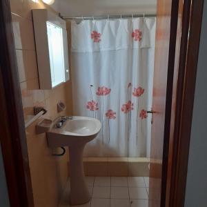 马德普拉塔Casa sur FARO的浴室设有水槽和鲜花淋浴帘