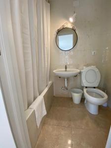阿尔库迪亚港Hostal Residencia Alma的一间带卫生间、水槽和镜子的浴室